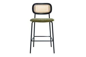 Tabourets design en tissu effet velours texturé vert kaki, métal noir et cannage rotin (lot de 2) MIRANDA
