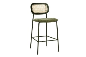 Tabourets design en tissu effet velours texturé vert kaki, métal noir et cannage rotin (lot de 2) MIRANDA