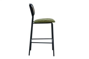 Tabourets design en tissu effet velours texturé vert kaki, métal noir et cannage rotin (lot de 2) MIRANDA