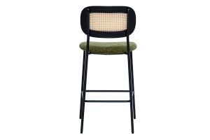 Tabourets design en tissu effet velours texturé vert kaki, métal noir et cannage rotin (lot de 2) MIRANDA