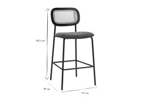 Tabourets design en tissu effet velours texturé vert kaki, métal noir et cannage rotin (lot de 2) MIRANDA