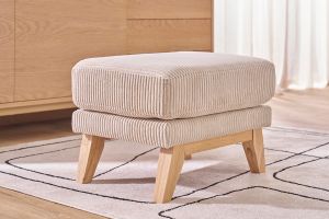 Pouf repose-pieds déhoussable scandinave en tissu velours côtelé beige et bois clair OSLO