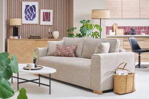 Canapé design 3 places en tissu effet velours texturé beige PEPPER