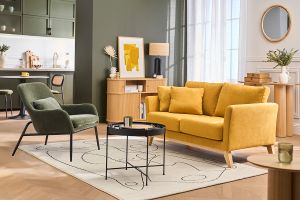 Fauteuil design en tissu effet velours vert kaki et métal noir MAXINE
