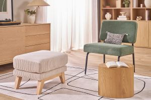 Pouf repose-pieds déhoussable scandinave en tissu velours côtelé beige et bois clair OSLO