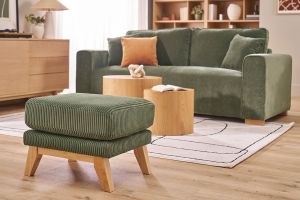 Pouf poggiapiedi scandinavo in tessuto velluto a coste verde kaki e legno chiaro OSLO