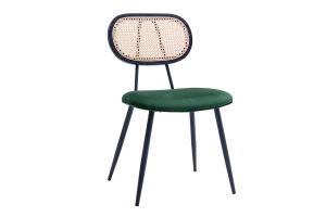 Chaises design en tissu velours vert foncé, métal noir et cannage rotin (lot de 2) SWANN