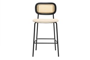 Tabourets design en tissu effet velours texturé beige, métal noir et cannage rotin (lot de 2) MIRANDA