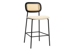 Tabourets design en tissu effet velours texturé beige, métal noir et cannage rotin (lot de 2) MIRANDA