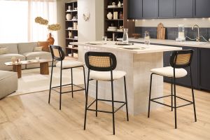 Tabourets design en tissu effet velours texturé beige, métal noir et cannage rotin (lot de 2) MIRANDA