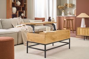 Table basse relevable industrielle bois manguier massif et métal noir L90 cm YPSTER