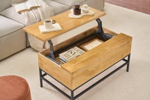 Table basse relevable industrielle bois manguier massif et métal noir L90 cm YPSTER