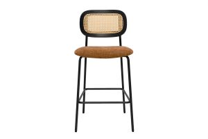 Tabourets design en tissu effet velours texturé terre brulée, métal noir et cannage rotin (lot de 2) MIRANDA