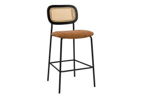 Tabourets design en tissu effet velours texturé terre brulée, métal noir et cannage rotin (lot de 2) MIRANDA
