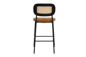Tabourets design en tissu effet velours texturé terre brulée, métal noir et cannage rotin (lot de 2) MIRANDA
