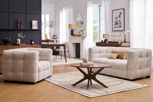 Fauteuil design en tissu effet velours texturé beige CORTO