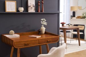 Bureau scandinave bois foncé avec rangements 2 tiroirs L100 cm HALLEN
