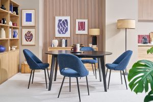 Chaises vintage en tissu effet velours texturé bleu foncé et métal noir (lot de 2) COSETTE