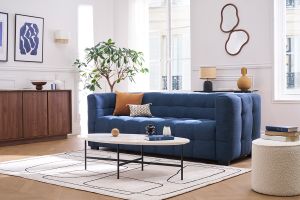 Canapé design 3 places en tissu effet velours texturé bleu foncé CORTO