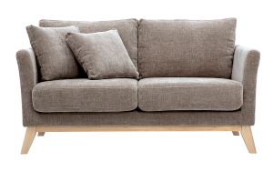 Canapé scandinave déhoussable 2 places en tissu effet velours texturé taupe et bois clair OSLO