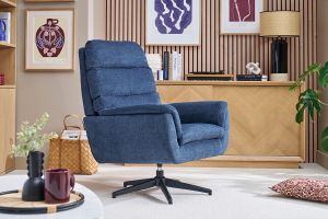 Fauteuil pivotant en tissu chenille bleu foncé et métal noir JONAH