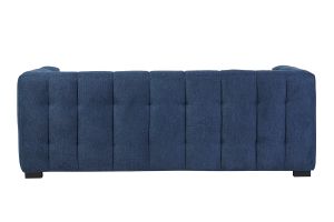 Canapé design 3 places et repose-pieds en tissu effet velours texturé bleu foncé CORTO