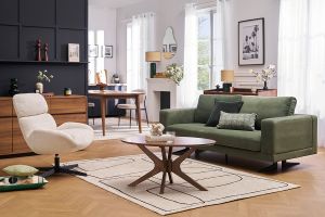 Fauteuil pivotant en tissu velours côtelé écru et métal noir KLEM