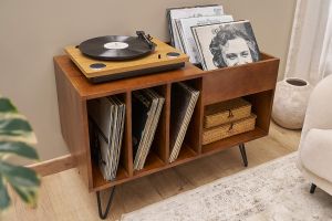 Buffet de rangement vinyles en bois manguier massif teinté et métal L90 cm BOOGIE