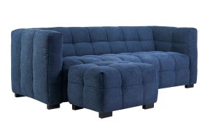 Divano design 3 posti e poggiapiedi in tessuto effetto velluto testurizzato blu scuro CORTO