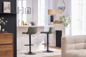 Tabourets de bar réglables pivotants 360° en tissu vert kaki et métal noir (lot de 2) BOOST