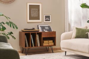 Buffet de rangement vinyles en bois manguier massif teinté et métal L90 cm BOOGIE
