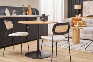 Table à manger design ronde en bois clair chêne et métal noir D90 cm CALISTA
