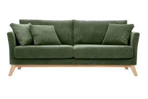 Canapé scandinave déhoussable 3 places en tissu velours côtelé vert kaki et bois clair OSLO