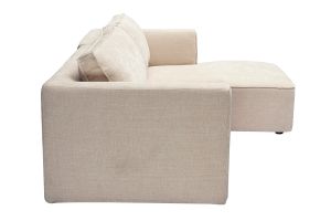 Canapé d'angle droit design en tissu effet velours texturé beige 3 places GRAMMY
