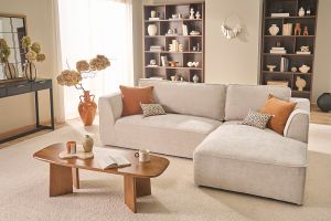 Canapé d'angle droit design en tissu effet velours texturé beige 3 places GRAMMY
