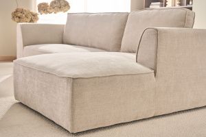 Canapé d'angle droit design en tissu effet velours texturé beige 3 places GRAMMY