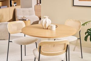 Table à manger design ronde en bois clair chêne et métal blanc D90 cm CALISTA
