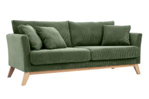 Canapé scandinave déhoussable 3 places en tissu velours côtelé vert kaki et bois clair OSLO