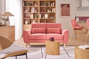 Canapé scandinave 2 places en tissu effet velours texturé terracotta et bois clair EKTOR