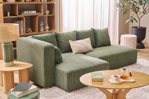 Canapé d'angle gauche 3 places en tissu velours côtelé vert kaki et bois clair HARLEM