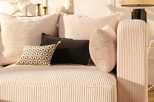 Canapé d'angle droit 3 places en tissu velours côtelé beige et bois clair HARLEM