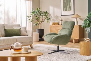 Fauteuil pivotant en tissu velours côtelé vert kaki et métal noir KLEM