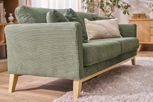Canapé scandinave déhoussable 3 places en tissu velours côtelé vert kaki et bois clair OSLO