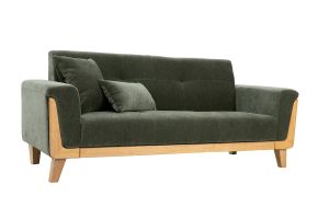 Canapé scandinave 3 places en tissu effet velours vert kaki et bois clair FJORD