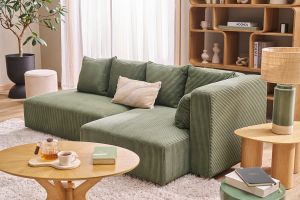 Canapé d'angle droit 3 places en tissu velours côtelé vert kaki et bois clair HARLEM
