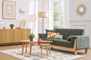 Canapé scandinave 3 places en tissu effet velours vert kaki et bois clair FJORD