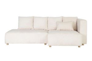 Canapé d'angle droit 3 places en tissu velours côtelé beige et bois clair HARLEM