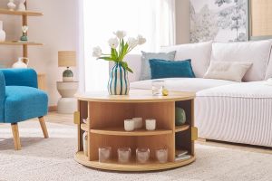 Table basse ronde finition bois clair chêne 2 portes coulissantes D80 cm EPIC