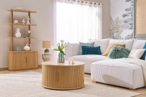 Table basse ronde finition bois clair chêne 2 portes coulissantes D80 cm EPIC