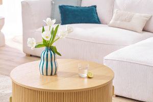 Table basse ronde finition bois clair chêne 2 portes coulissantes D80 cm EPIC